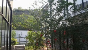 En gård med udsigt over vand, en bygning med glasfacade og et træ med røde blomster.