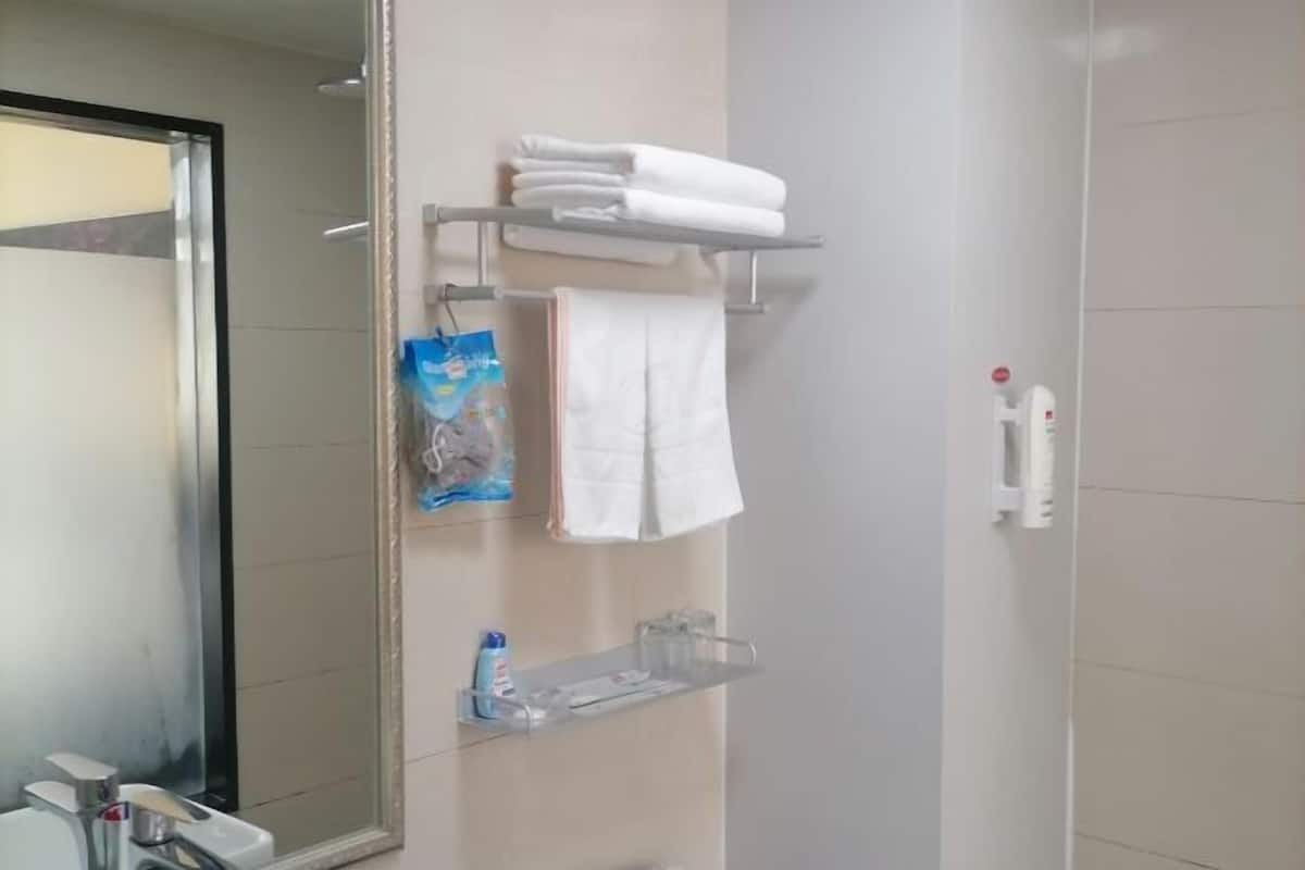 Un baño con espejo, un perchero con toallas dobladas, un dispensador de jabón y un pequeño estante con artículos de aseo.