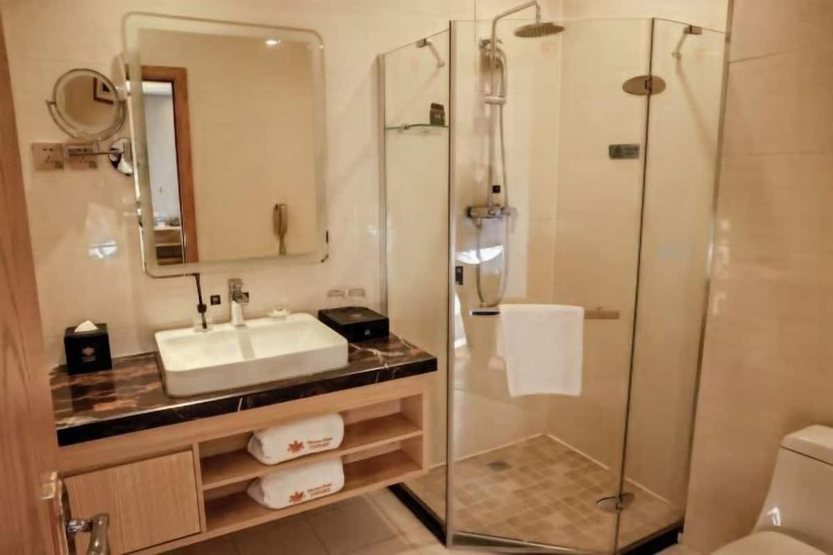 Une salle de bain moderne avec une douche à parois de verre, un grand miroir, un lavabo blanc et un meuble-vasque avec espace de rangement.