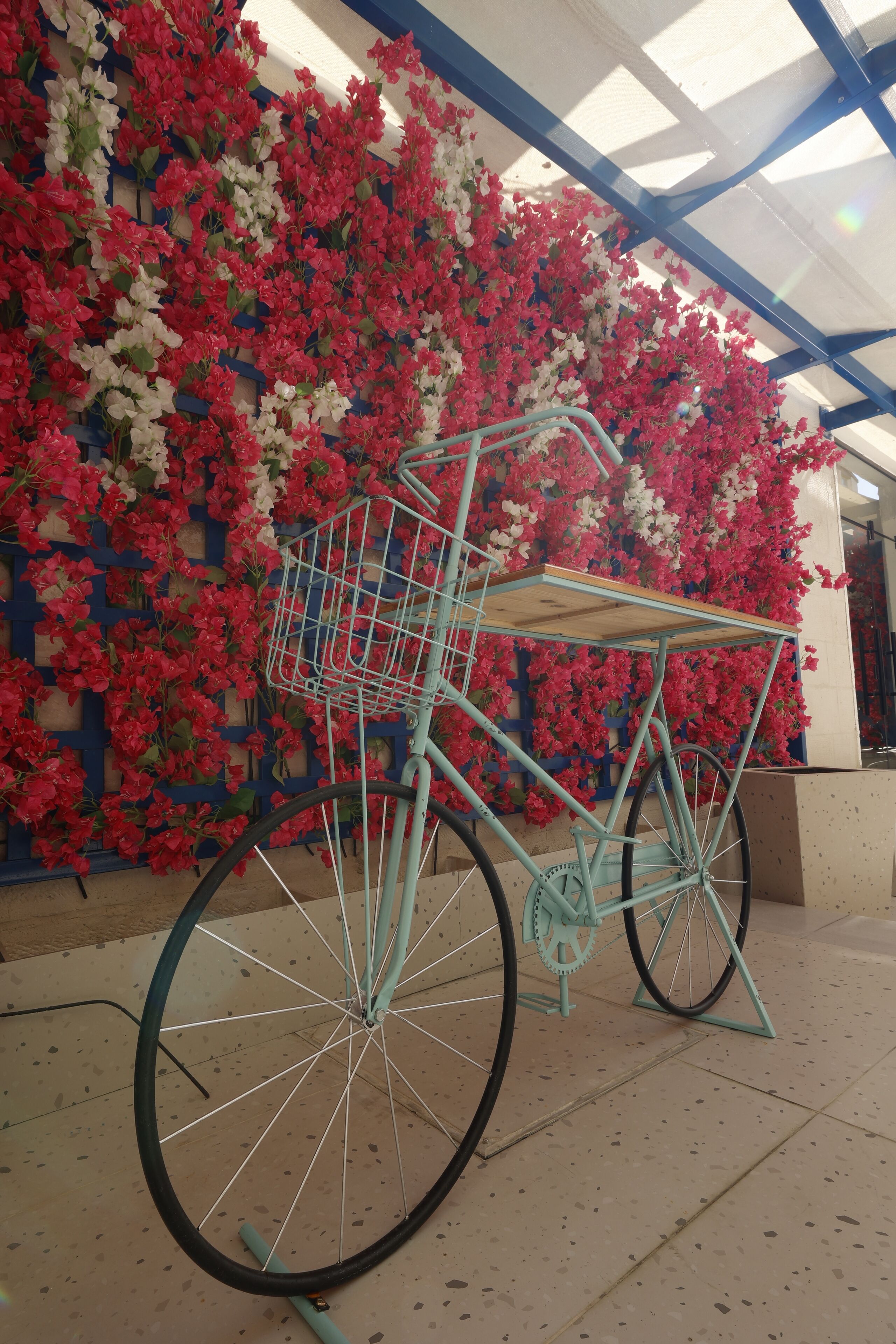 Una bicicleta estática con una canasta, ubicada frente a una pared cubierta de flores rojas y blancas.
