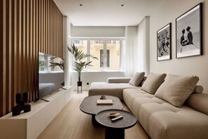 Luxury Apartment | Living area | 50-inch Smart TV with satellite channels, Netflix, streaming services