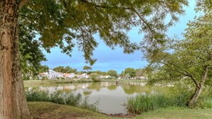 A serene lakeside view with a grassy area, a tree, and a small dock. - Cosy apartment for 5 people with WIFI, TV and terrace (La Palmyre)