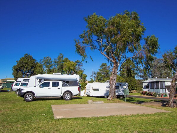 A campsite with RVs parked on grass, surrounded by trees and a clear blue sky. - Toowoomba Caravan Park (Kearneys Spring)