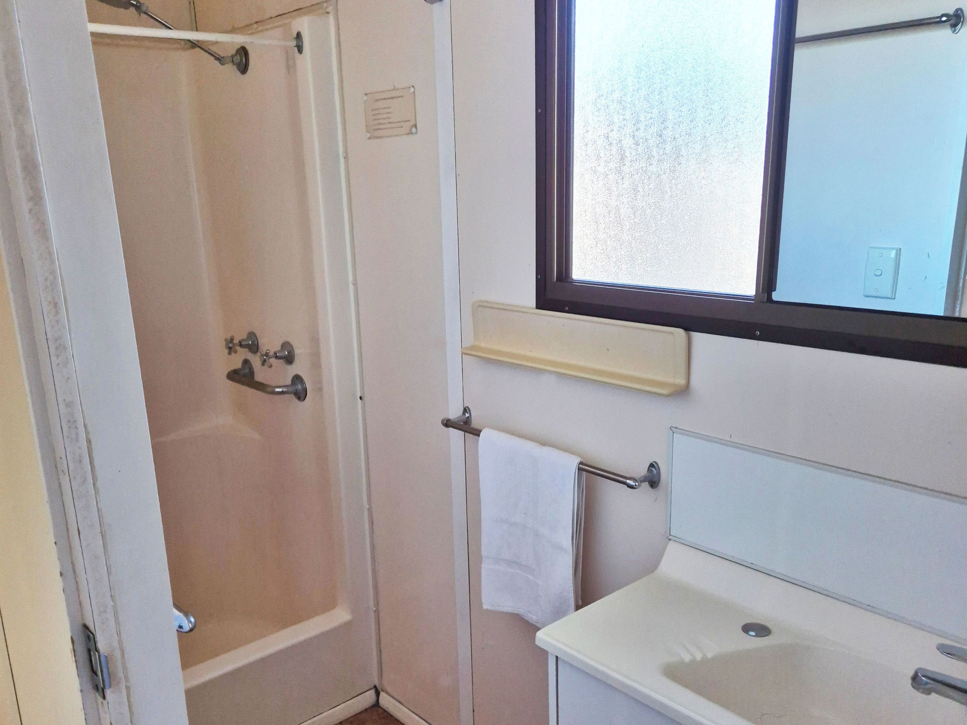 A bathroom with a shower, a sink, and a mirror.
