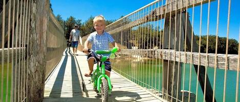 A wooden bridge with metal railings over a body of water.