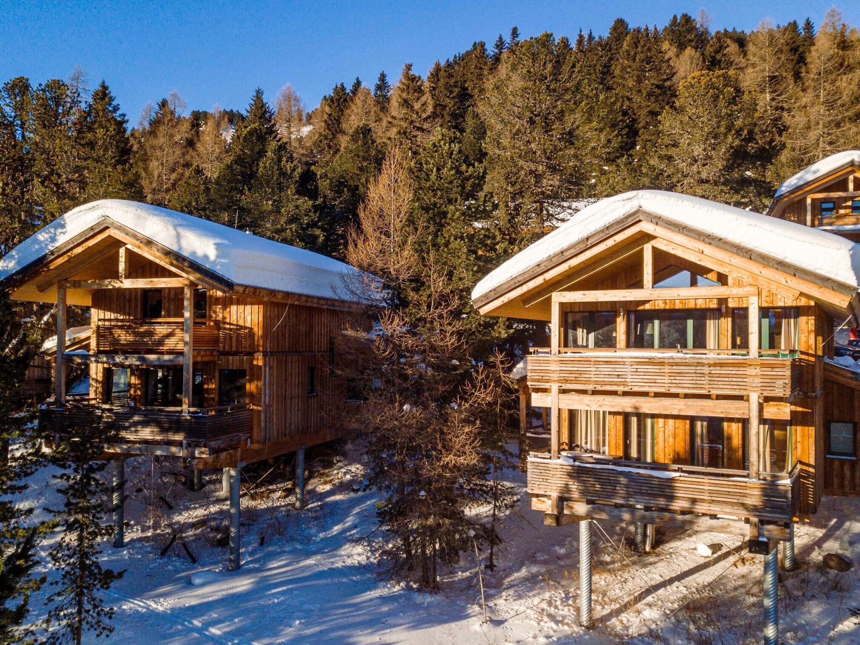 Two wooden cabins with snow-covered roofs, set in a forested area. - Modern Chalet With Infrared Sauna (Stadl-Predlitz)