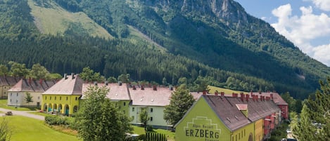 Un edificio verde con la scritta "Alpin Resort ERZBERG Eisenberg" e montagne sullo sfondo.