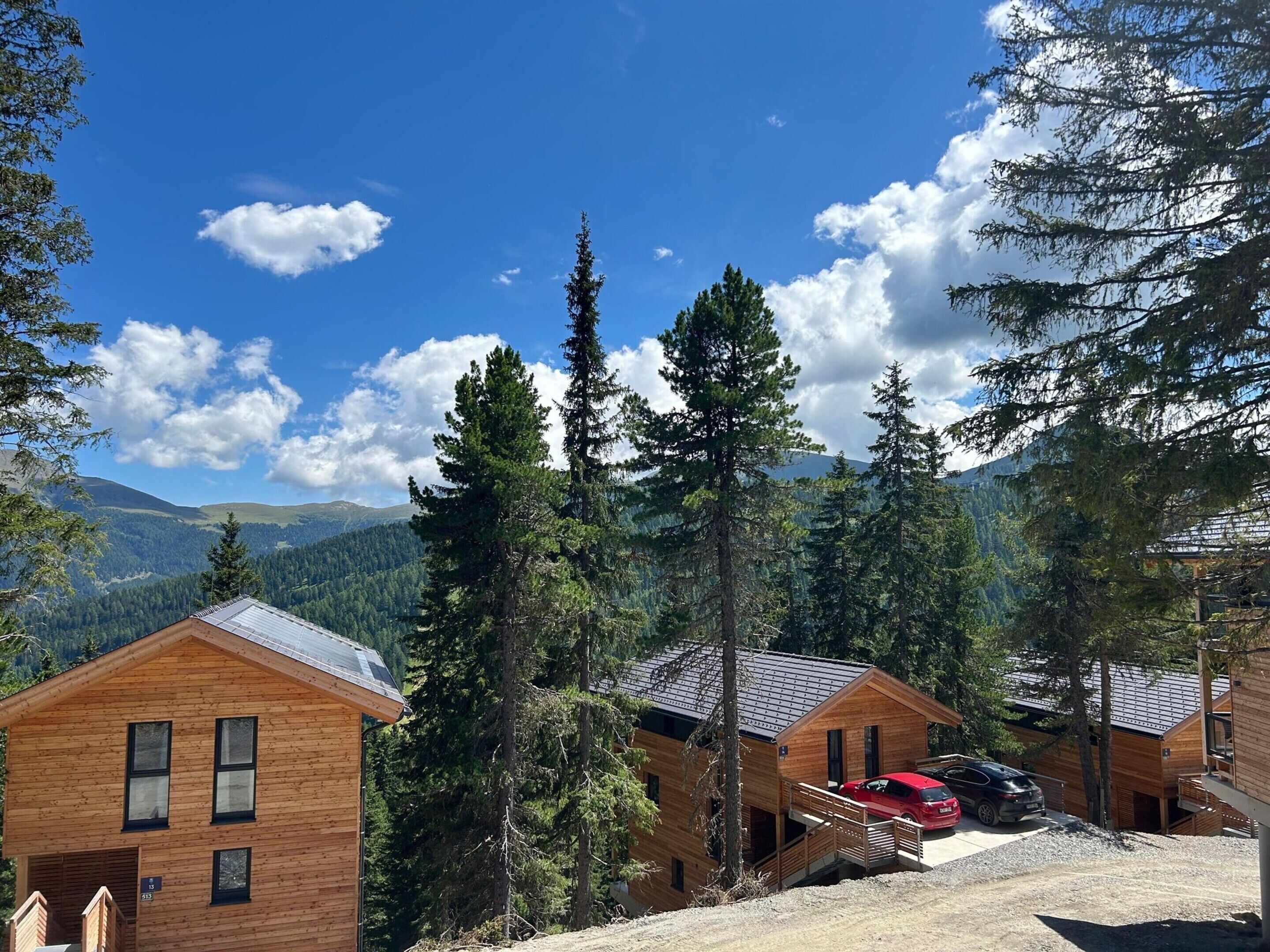 A wooden cabin with a carport, surrounded by tall pine trees and a mountainous backdrop.