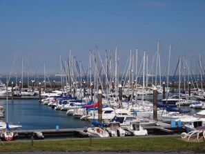Boats docked at the marina, offering stunning views of the surrounding water and city skyline.