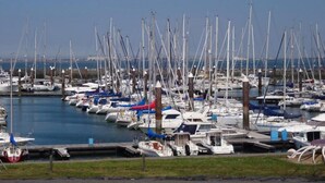 A marina with numerous boats docked, wooden pilings, and a clear sky. - House in Netherlands for 8 With Modern Comfort (Breskens)