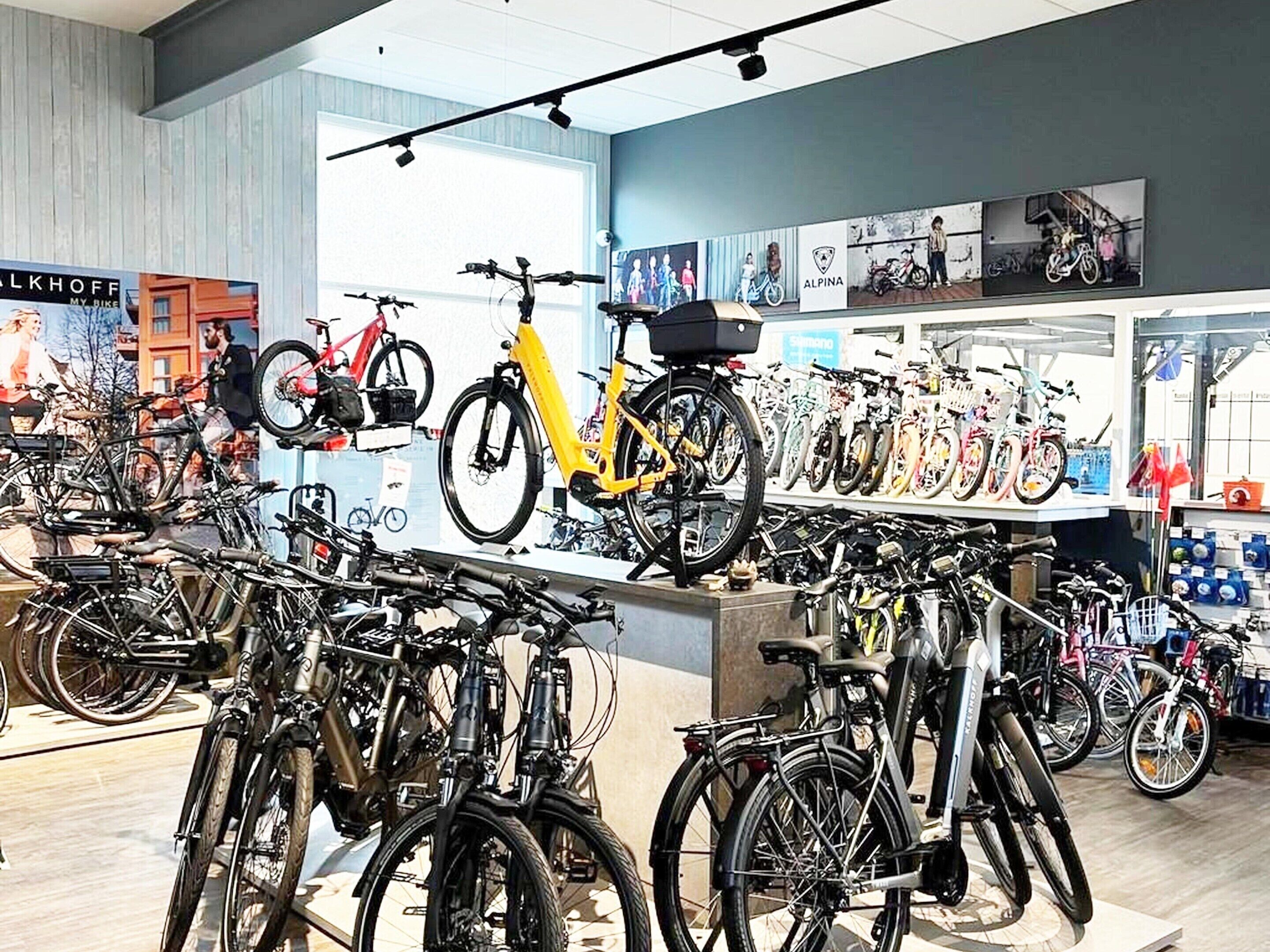 A bicycle shop with various bikes on display, including a yellow one.