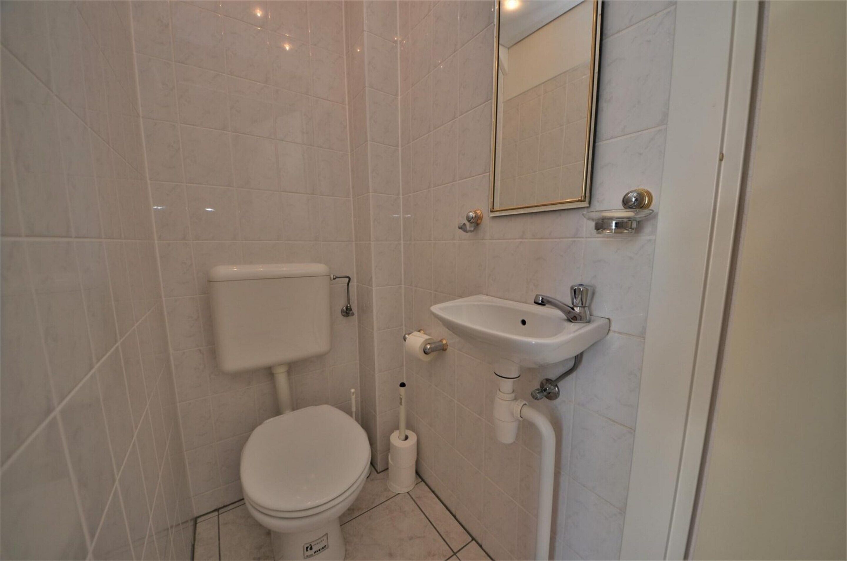 Een kleine, schone badkamer met toilet, wastafel en spiegel.