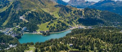 A mountainous landscape with a lake, surrounded by dense forests and a few buildings.