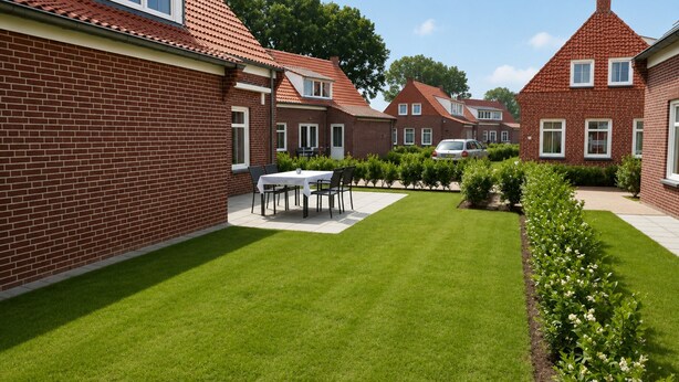 A residential area with brick houses, a well-maintained lawn, and a patio with outdoor furniture. - Holiday Home in Breskens Near the Beach (Breskens)