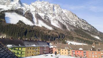 A residential area with colorful buildings and a snow-covered mountain in the background.