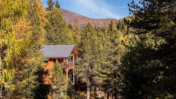 A cabin with a wooden deck, surrounded by dense forest and a mountain in the background. - Studio Apartment in Alps Near Ski Station (Stadl-Predlitz)