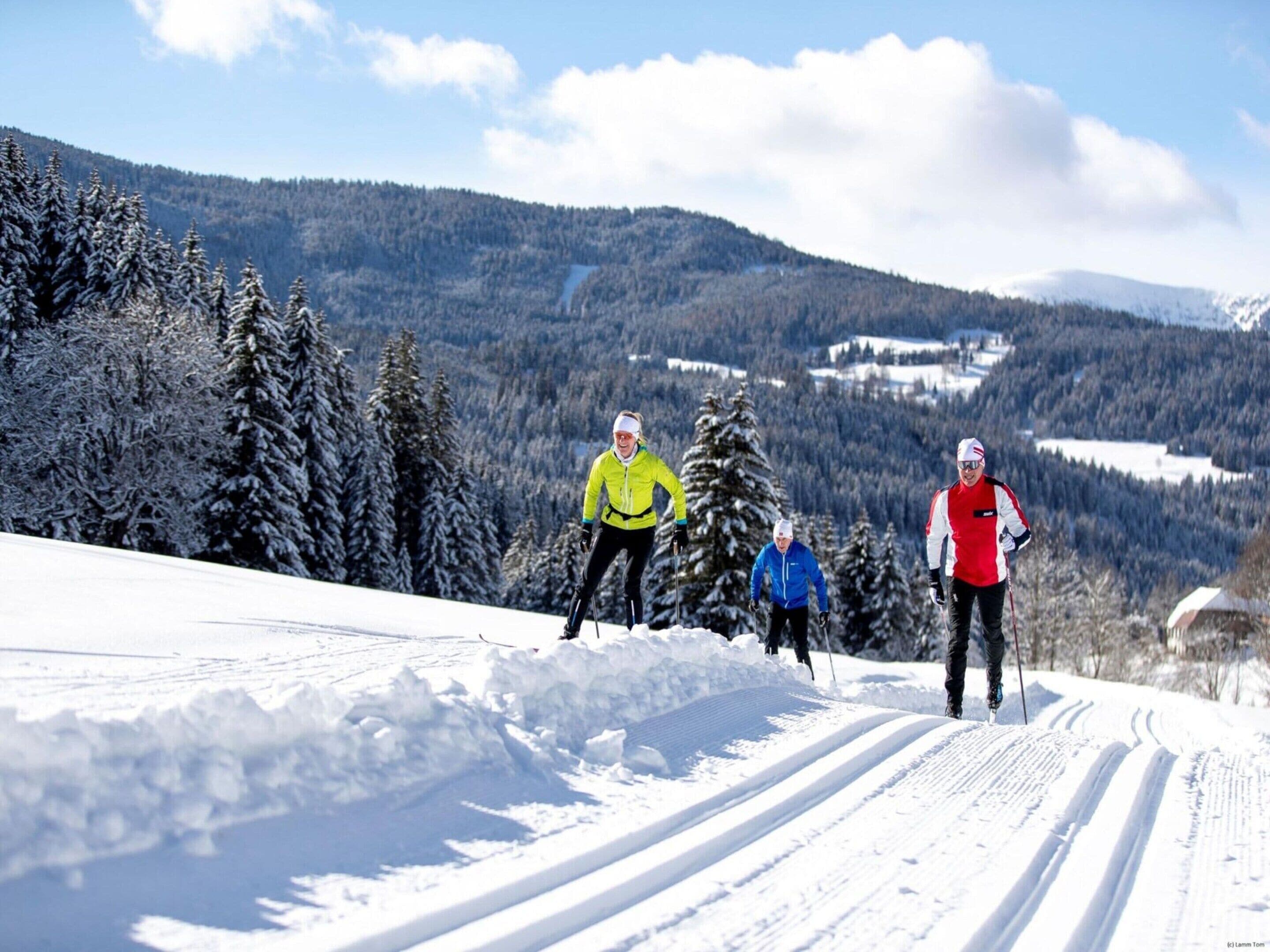 Un paysage enneigé où l’on voit trois personnes faire du ski.