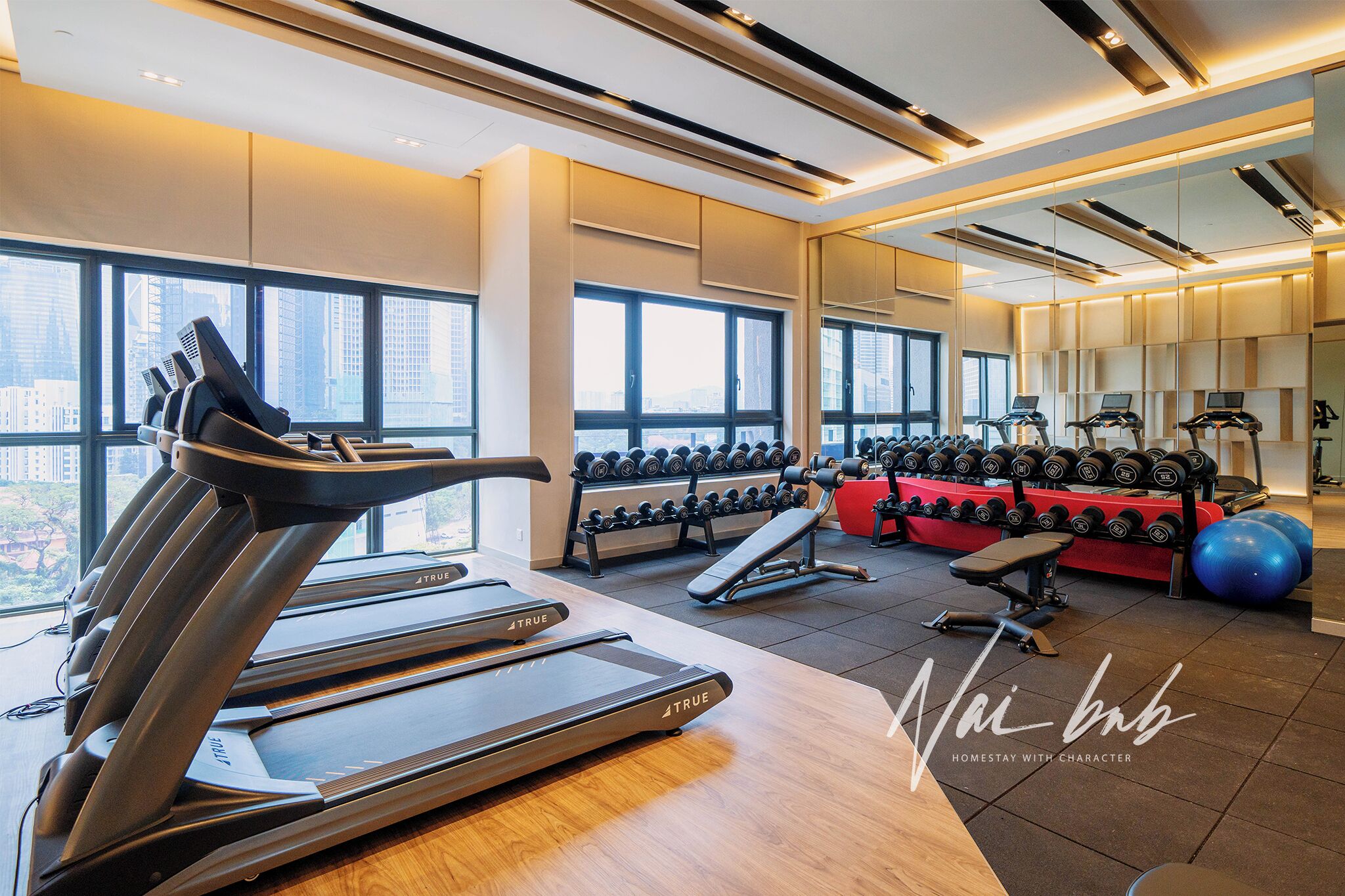 Un gimnasio moderno con cintas de correr, mancuernas y pelotas de ejercicio.