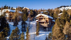 A chalet-style hotel with multiple wooden structures, each with a balcony and snow-covered roofs, surrounded by dense forest and snow-covered hills. - Lovely Chalet With Sauna (Stadl-Predlitz)