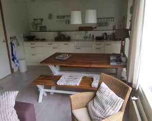 Fridge, microwave, electric kettle, toaster