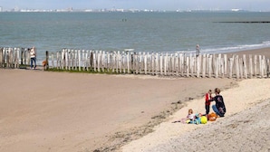 Une plage avec une clôture en bois, une personne promenant un chien et un enfant jouant avec des jouets.