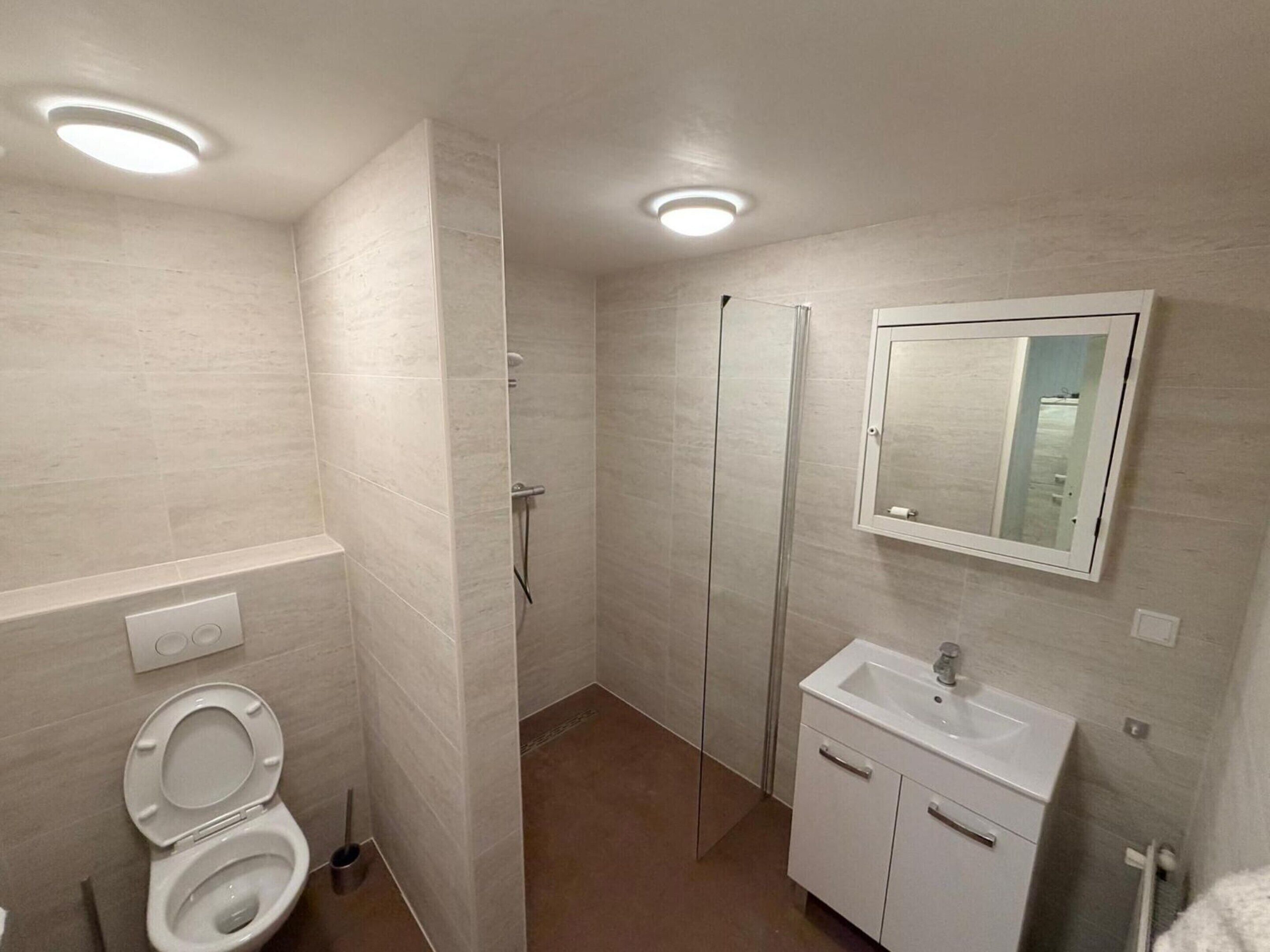 A bathroom with a toilet, sink, mirror, and shower.