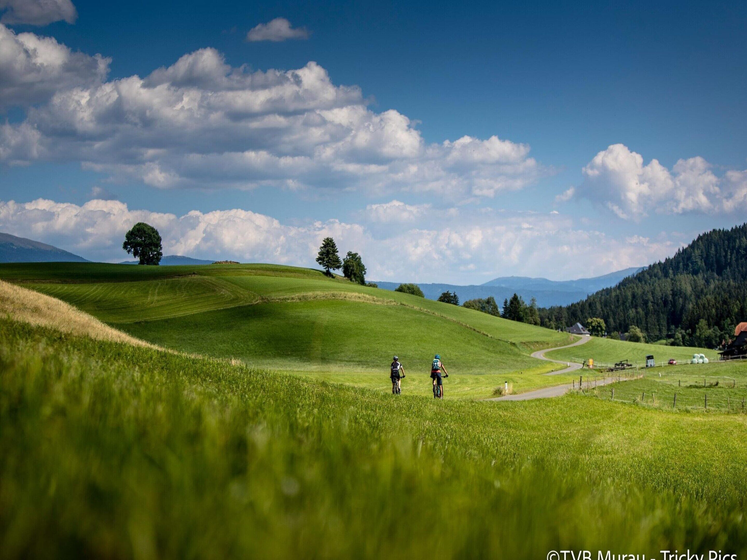 A rural landscape with rolling hills, a clear sky, and a few cyclists.