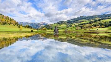 Un paisaje tranquilo con un lago que refleja un edificio pequeño y vegetación circundante.