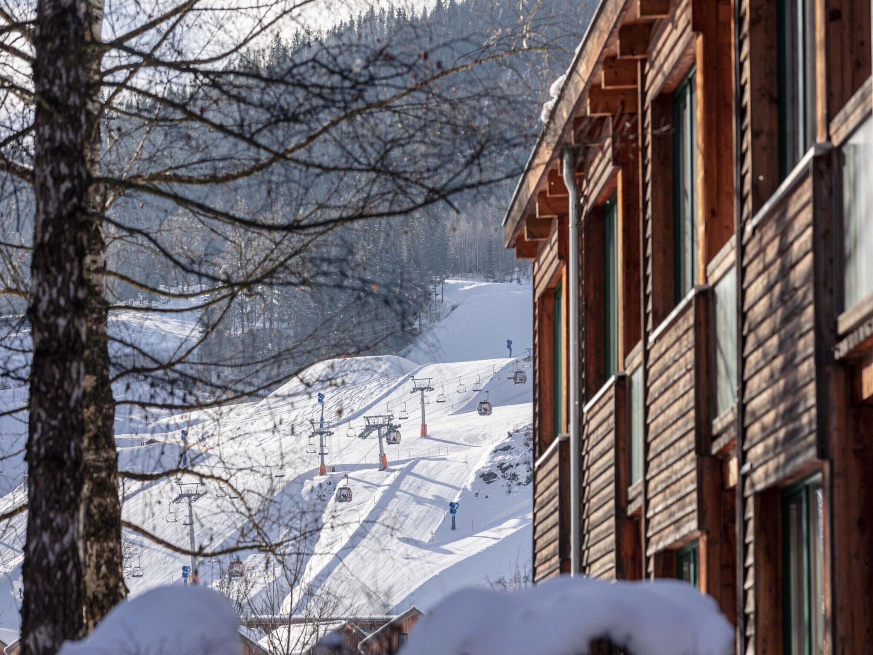 En træbygning med udsigt over en sneklædt skibakke og et skiløfterlift i baggrunden.