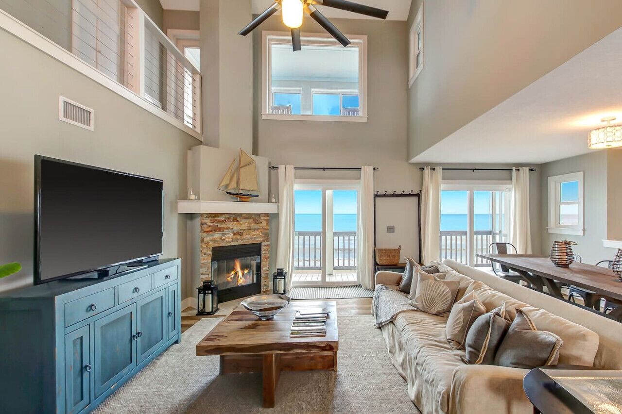 Smart TV, fireplace, foosball, books