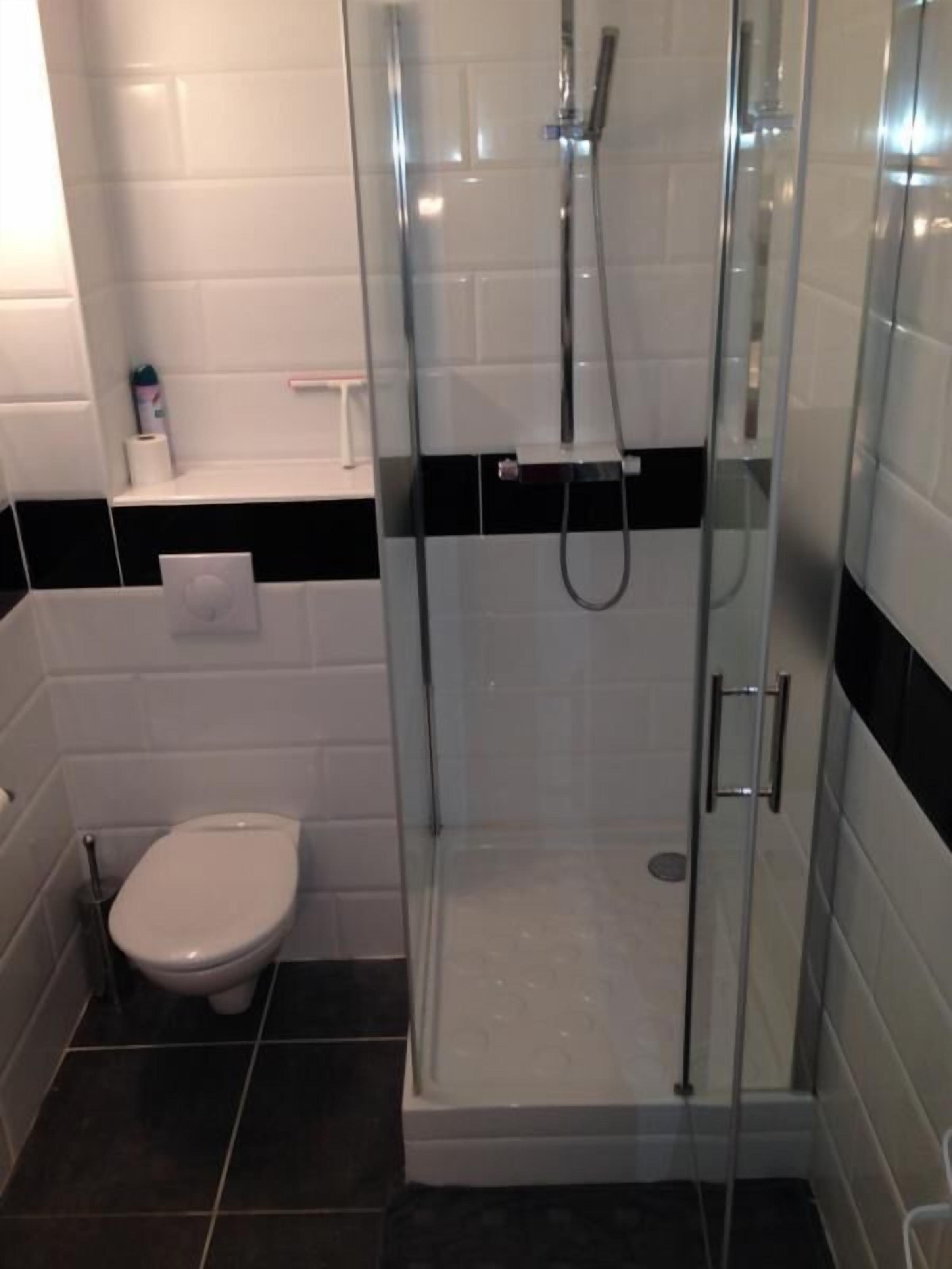 Ein Badezimmer mit einer gläsernen Duschkabine, einer Toilette und einem weißen Waschbecken mit schwarzer Arbeitsplatte.