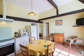 Fridge, microwave, high chair