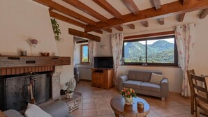 Un salon chaleureux avec une cheminée, un canapé, un téléviseur et une vue sur les montagnes.
