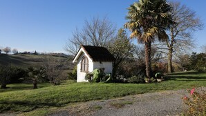A small white house with a pitched roof and a window, surrounded by a grassy area with a palm tree and other vegetation. - Les Coteaux - Riolas (Riolas)