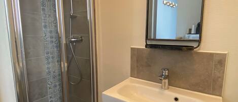 A bathroom with a glass shower enclosure, a white sink, and a mirror above it.