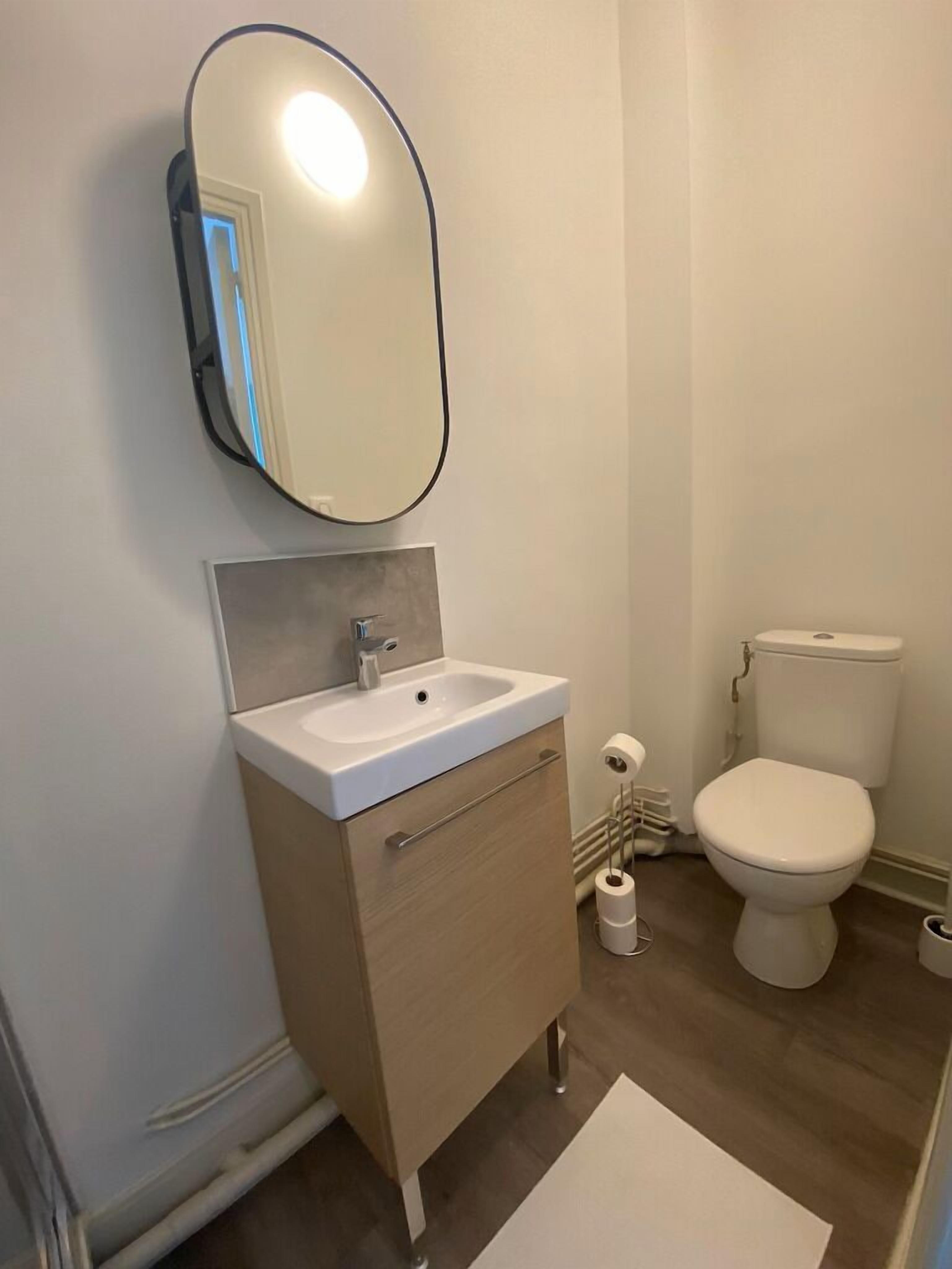 A bathroom with a white sink, a mirror, a toilet, and a wooden cabinet.