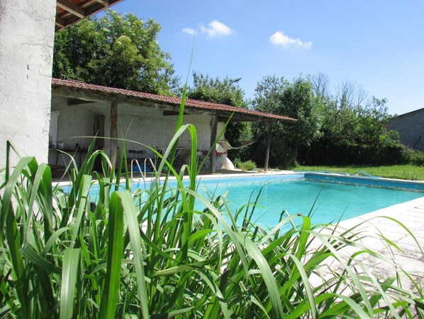 A swimming pool with a covered area, surrounded by greenery and a clear sky.