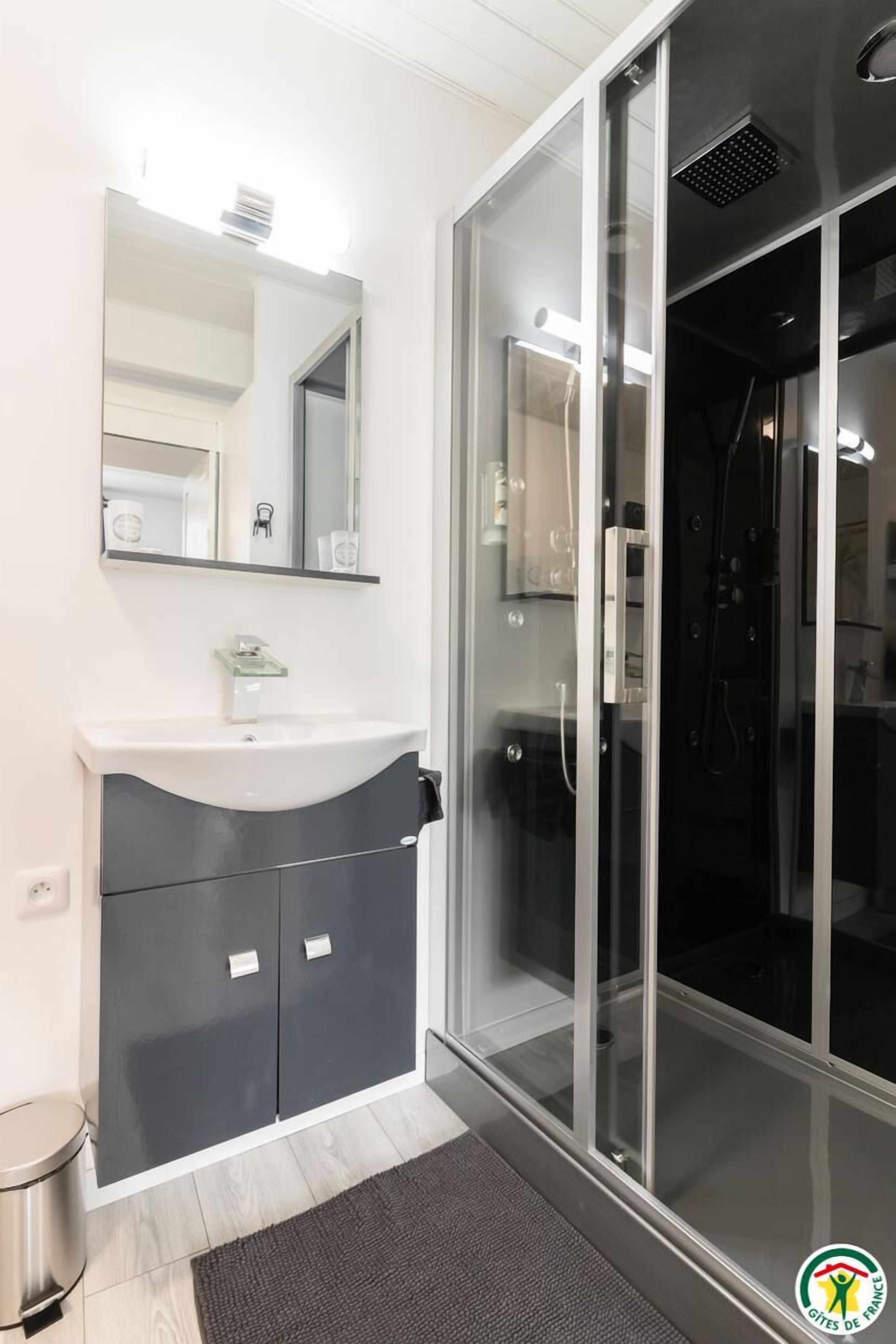 Une salle de bain moderne avec une douche à l’italienne en verre, un lavabo blanc et un meuble sombre.