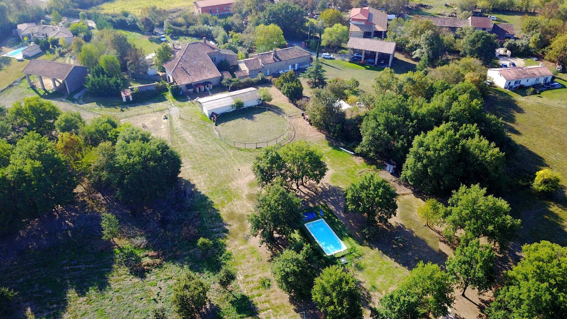 Vista aérea de una zona residencial con varias casas, una piscina y abundante vegetación.