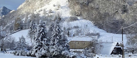 A snow-covered landscape with a building surrounded by trees and a mountain in the background.