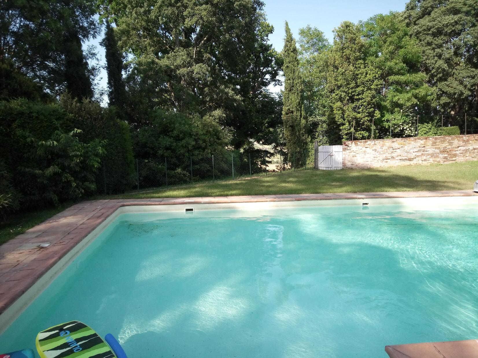 A rectangular swimming pool with clear blue water, surrounded by a brick wall and a grassy area with trees.