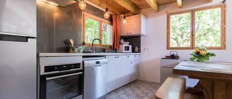 Fridge, microwave, dishwasher, high chair