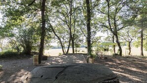 A picnic area with a large wooden stump in the foreground, surrounded by trees and a view of a lake. - Borde Basse - L'HERM - Gîte (LHERM)