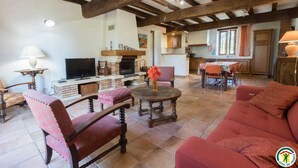A spacious living room with a fireplace, a television, and comfortable seating. - Borde Basse - L'HERM - Gîte (LHERM)