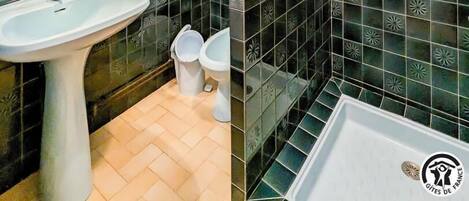 A bathroom with a sink, two toilets, and a shower area.