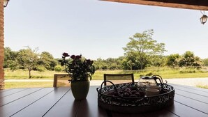 A table with a potted plant and a tray with a teapot and cups, overlooking a grassy landscape. - La Ferme de Menoun - Thil (Thil)