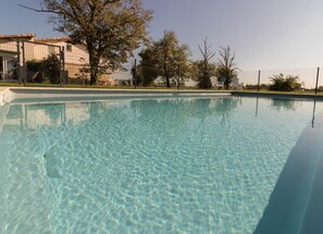 A clear swimming pool with a fenced area, trees, and a building in the background.