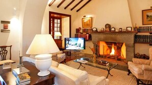 Un saló acollidor amb una xemeneia, una televisió i una zona de seients confortable.
