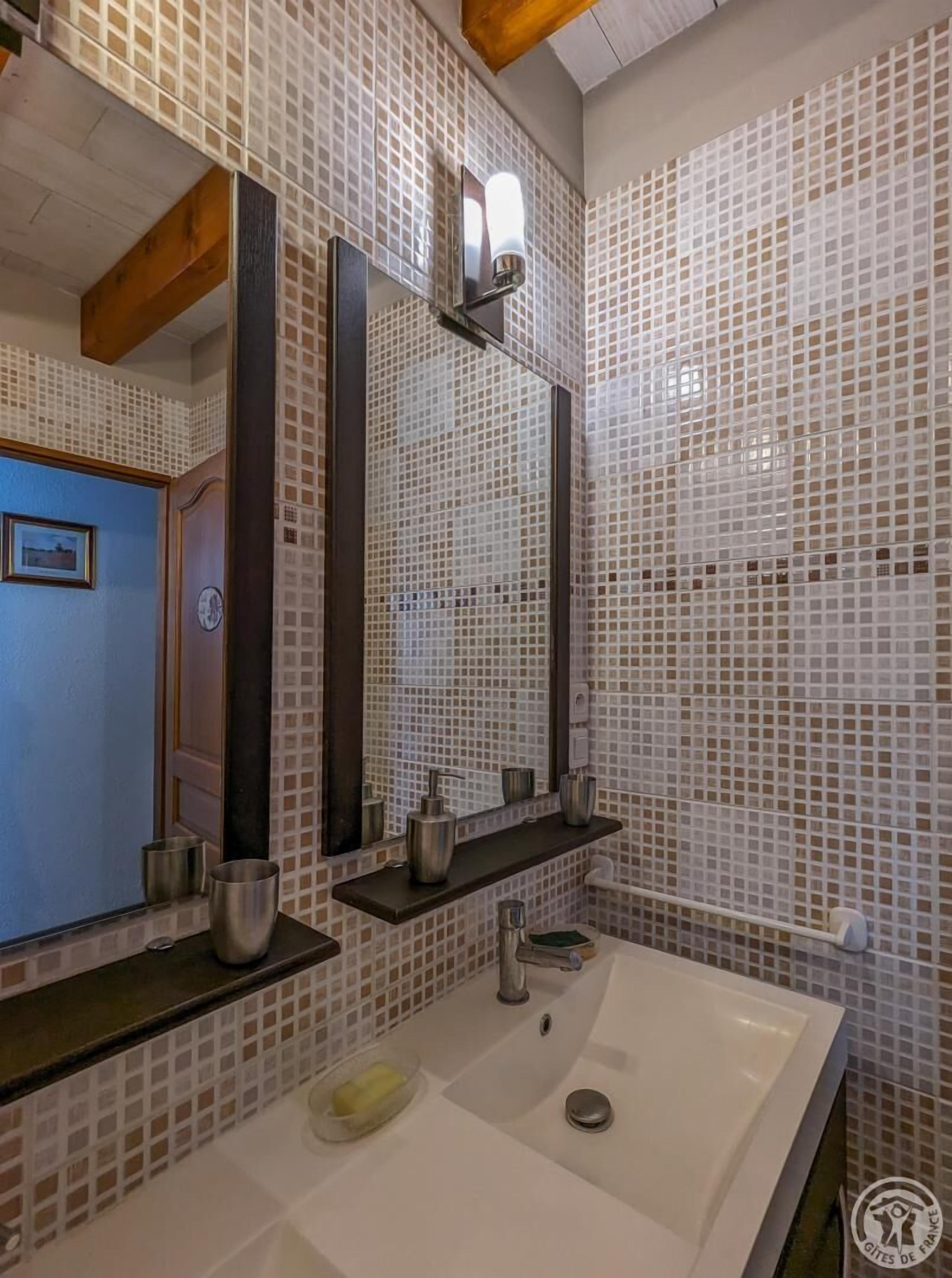 Un bagno con uno specchio grande, un lavandino e una cabina doccia.