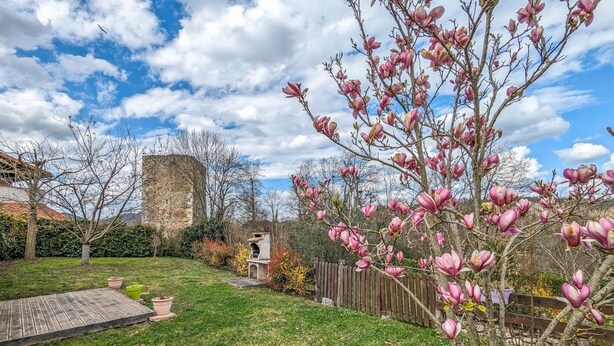 A garden with a wooden deck, a stone structure, and blooming magnolia trees. - Le Castel Vert - Valcabrère (Valcabrère)